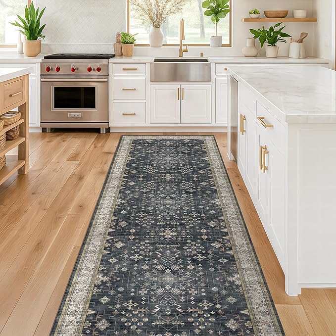 Hazo Haus Black Boho Washable 3x20 Extra Long Runner Rug for Hallway, Waterproof Large Kitchen Floor Rug, Non-Slip Stain & Fade Resistant, Vintage Floral Decor
