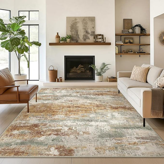 Area Rugs 5x8 for Living Room Bedroom, Modern Abstract Machine Washable Rug, Large Soft Low Pile Floor Carpet with Non Slip Backing for Dining Room, Orange Green