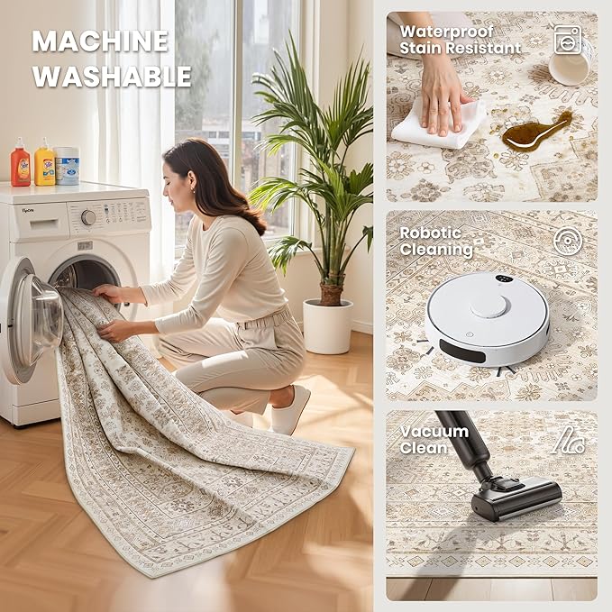 zesthome 4x6 Rug - Stain Resistant Washable Rug, Anti Slip Backing Rugs for Living Room, Foldable Vintage Small Area Rugs (Cream/Beige,4'x6')