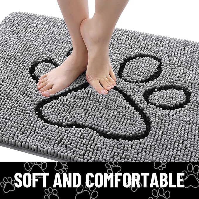 Smiry Dog Door Mat for Muddy Paws, Absorbent Dirt Trapper Non Slip Quick Dry Washable Chenille Mat for Mud Dogs, Entry Rug for Indoor and Outdoor (59x32 Inches, Grey and Black)