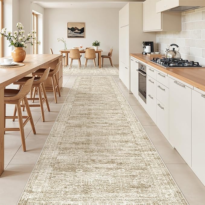 Washable Runner Rug 2.5x14, Non-Slip Long Hallway Runner for Entryway, Soft Vintage Kitchen Mats for Floor, Abstract Dining Room, Bedroom, Living Room Rugs(2.5'x14', Brown/Ivory)