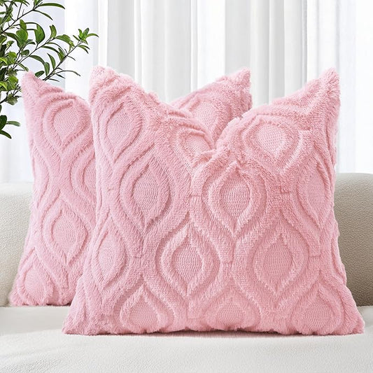 decorUhome Summer Throw Pillow Covers 22x22 Inch Set of 2, Soft Plush Faux Wool Light Pink Solid Couch Pillow Covers, Accent Euro Sham Farmhouse Neutral Square Pillow Cases for Sofa Bed Living Room