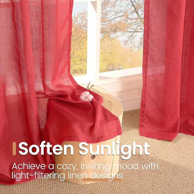 BGment Red Kitchen Curtains 36 Inch Length, Short Semi Sheer Drapes Lightweight Textured Rod Pocket for Bathroom Cafe Windows Over Sink, 2 Panels Set, Each 42 Inch Wide