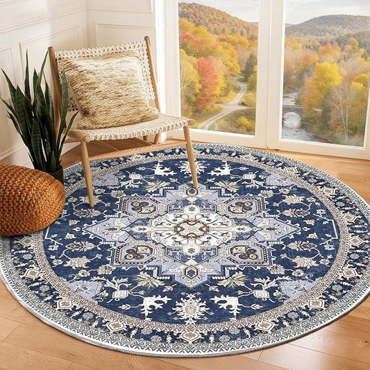 OPPODREAM Soft Round Rug 5ft, Washable Circle Rug 5ft with Non Slip Backing Play Room, Low-Pile Carpet 5 ft, Faux Cashmere Throw Carpet, Navy Blue & Gold