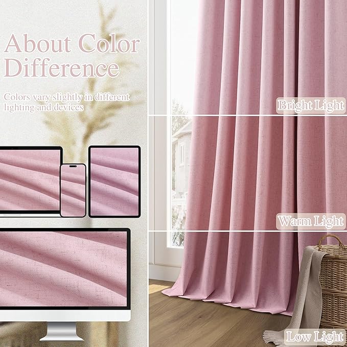 Guken Rose 100% Blackout Linen Curtains 96 Inch Length 2 Panels Set for Living Room Bedroom Back Tab/Rod Pocket Thermal Insulated Farmhouse Farmhouse Black Out Drapes Room Darkening,52x96
