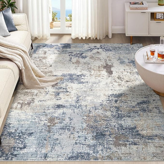 UERMEI 9x12 Area Rug Living Room Rugs Thickened - Washable Neutral Modern Abstract Soft Rug Indoor Floor No Slip Rug Carpet for Bedroom Under Dining Table Home Office Decor - Denim Blue