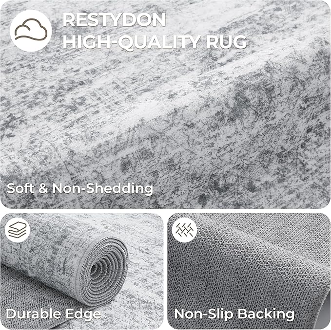 3x18 Washable Runner Rug for Hallway, Non-Slip Long Hallway Runner for Entryway, Soft Vintage Kitchen Mats for Floor, Abstract Dining Room, Bedroom, Living Room Rugs(3'x18', Grey/Ivory)