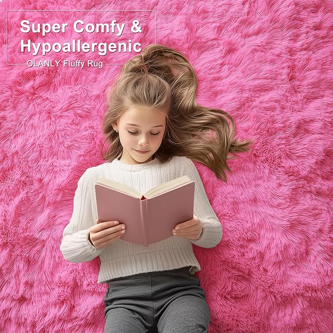 OLANLY 2x5 Machine Washable Runner Rugs for Hallway, Soft Fluffy Shaggy Bedside Rugs for Bedroom, Living Room, Indoor Floor Carpet for Kids Girls Boys, Nursery Rooms, Home Decor Aesthetic, Hot Pink