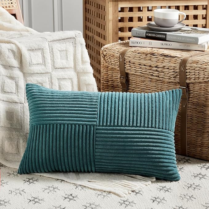 Fancy Homi 2 Packs Teal Lumbar Decorative Throw Pillow Covers 16x28 Inch for Living Room Couch Bed Sofa, Rustic Farmhouse Boho Home Decor, Soft Striped Corduroy Rectangle Accent Cushion Case 40x70 cm