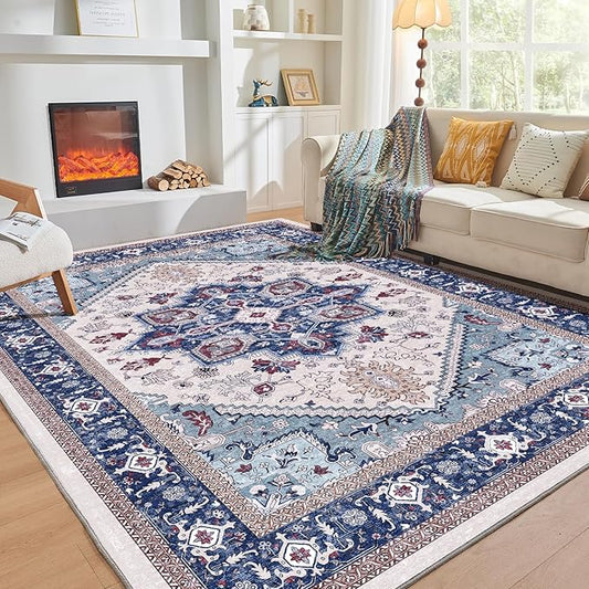 OPPODREAM Soft 8x10 Area Rugs, Washable Rugs 8x10 with Non Slip Backing, Faux Cashmere Low-Pile 8 x 10 Carpet, Navy Blue & Red & Cream