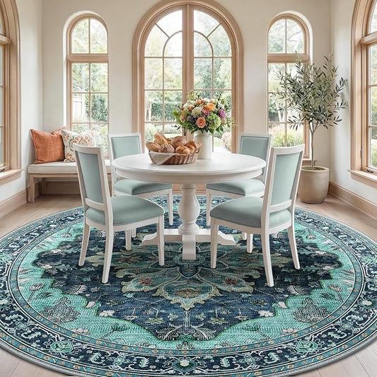 RELEANY Area Rugs 8ft Washable Non-Slip, Floral Vintage Distress Print Pattern Medallion Carpet for Living Room Bedroom Dining Room, Teal Green Lake Blue Turquoise