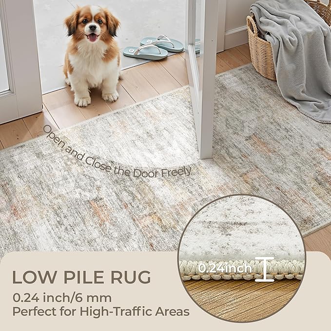Kitchen Runner Rugs Non Skid Washable - 2.5 x 10 Runner Rug with Anti Slip Backing, Ultra-Thin Soft Rug Runner for Hallway, Bedroom, Living Room (2.5'x10', Grey/Rust)