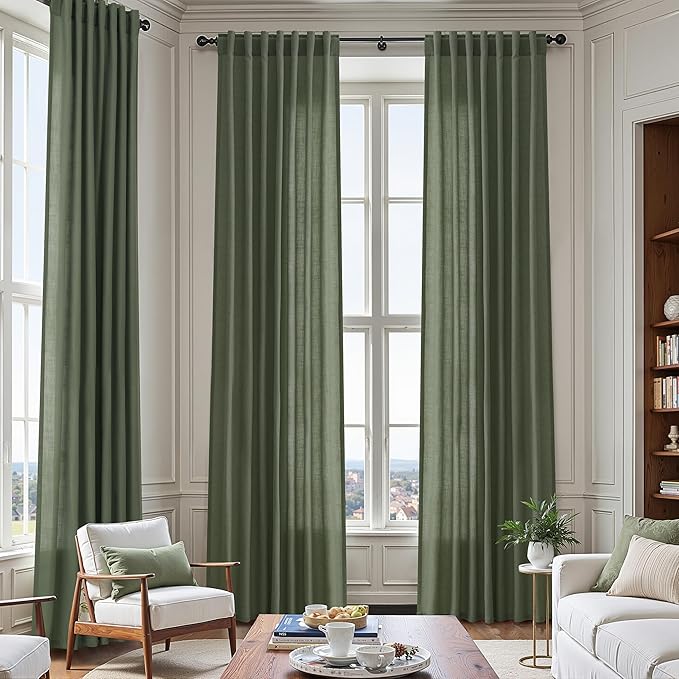Nanspring Olive Green Linen Blend Semi Sheer Curtains 108 Inches Long x 60 Inches Wide, 2 Panel Set Back Tab Privacy Filtered and Breathable Extended Curtain for Bedroom Living Room 60x108