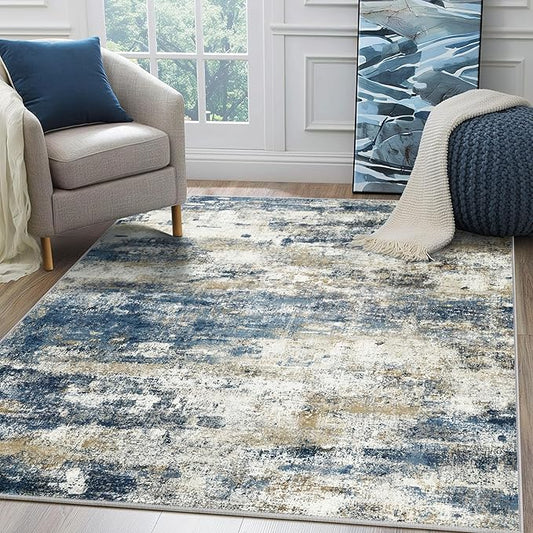 BEIMO Area Rugs 6x9 for Living Room Bedroom, Modern Abstract Machine Washable Rug, Large Soft Low Pile Floor Carpet with Non Slip Backing for Dining Room, Navy Blue Beige
