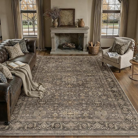 8x10 Washable Area Rug for Living Room Bedroom Vintage Brown Non Slip Carpet Traditional Retro Soft Low Pile Large Throw Rug for Dining Room Kitchen Office Indoor