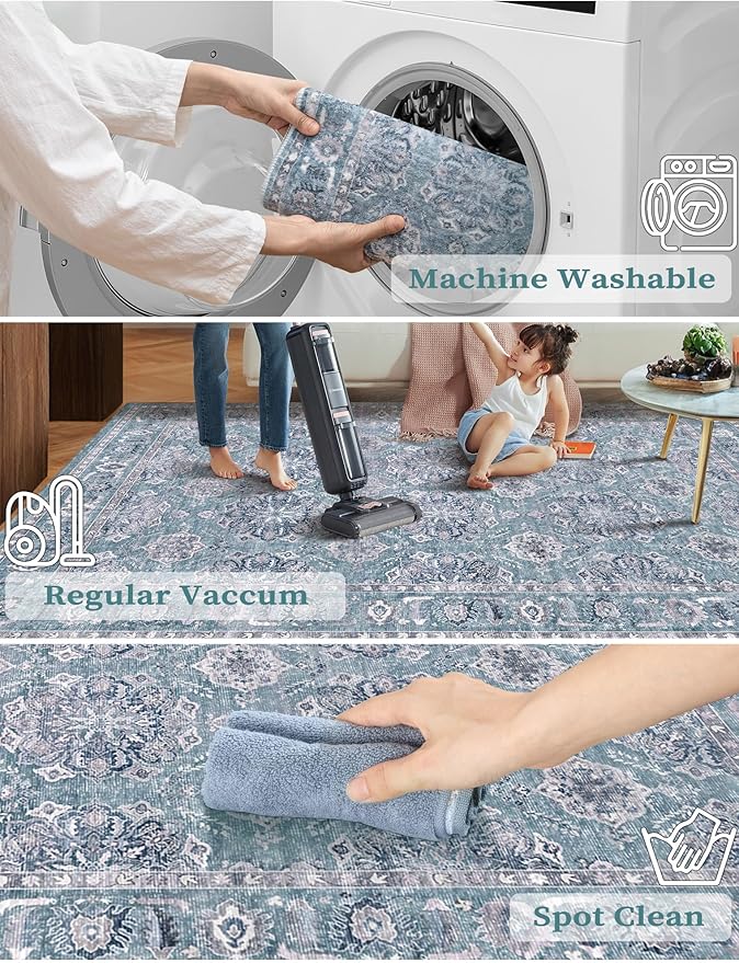 SERISSA Boho Washable Runner Rug, 2'6"x8' Non-Slip Vintage Floral Hallway Kitchen Runner Rug Ultra Soft Print Distressed Blue Grey Floor Carpet for Bedroom Bathroom Laundry Room