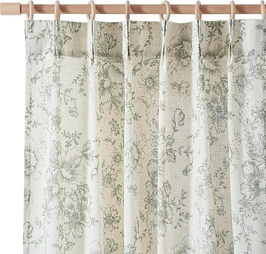 jinchan Pinch Pleated Curtains Floral Linen Blend Curtains for Living Room 84 Inches Length Green Peony Flower Printed Curtain Rod Pocket Back Tab Farmhouse Drapes with Hooks Set 2 Panels