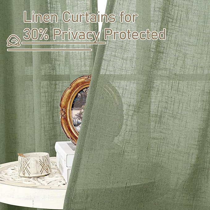 LAMIT Small Window Linen Curtains for Kitchen, Cafe Curtains 24 inch Semi Sheer Light Filtering Panels Back Tab and Rod Pocket Drapes for Small Window, 2 Panels, Sage Green, 34 x 24 Inch