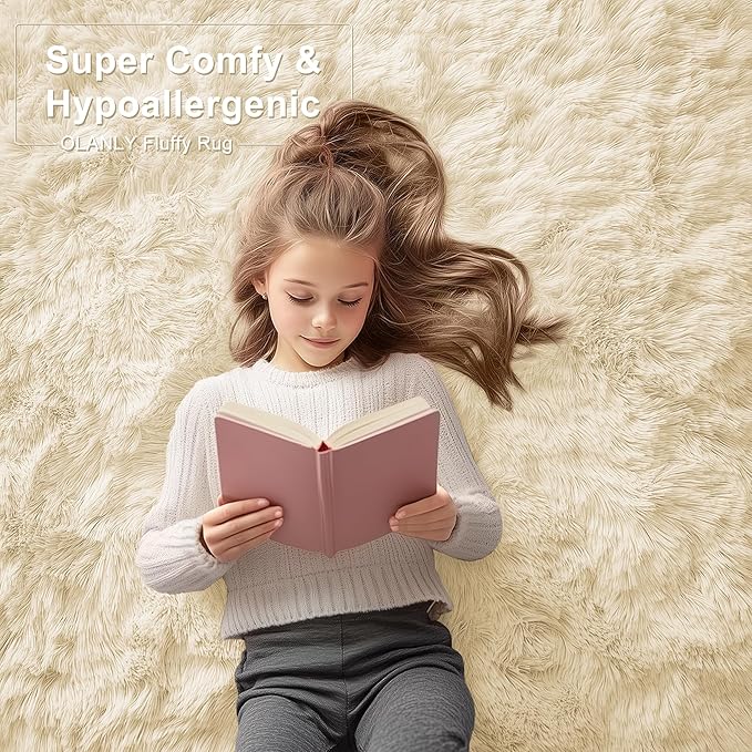 OLANLY 2x3 Machine Washable Small Bedside Rug, Soft Fluffy Shaggy Entryway Throw Rugs for Bedroom, Living Room, Indoor Floor Carpet for Kids Girls and Boys, Nursery Rooms, Home Decor Aesthetic, Cream
