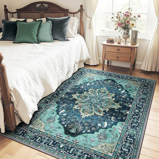 Area Rugs 4'x5' Washable Non-Slip, Floral Vintage Distress Print Pattern Medallion Carpet for Living Room Bedroom Dining Room, Teal Green Lake Blue Turquoise