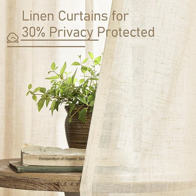 LAMIT 54 Inch Semi Sheer Window Linen Curtains, Light Filtering Panels Back Tab and Rod Pocket Neutral Drapes for Bedroom/Small Window, Beige, 2 Panels, 34 x 54 Inch