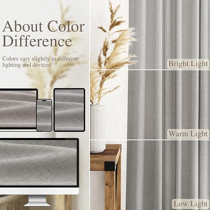 Nanspring Light Gray Linen Curtains 102 Inches Long for Living Room Modern Farmhouse Decor Rod Pocket Back Tab Light Filtering Boho Semi Sheer Grey Curtain for Bedroom 52x102, 2 Panels