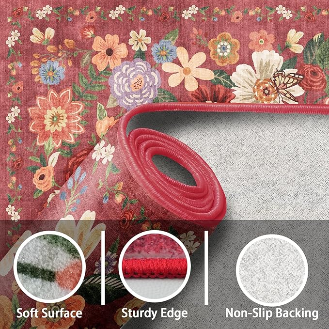 2x5 Entryway Runner Rugs, Non Slip Washable Rugs with Rubber Backing Soft Floral Carpet Runner for Kitchen, Laundry, Bedroom, Bathroom(2 x 5, Red Garden)