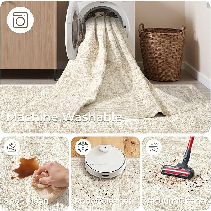 3x6 Runner Rug Non Slip, Thin Entryway Washable Rug for Entryway, Runners for Hallways, Low Pile Vintage Abstract Soft Rugs for Living Room, Kitchen, Bedroom(3'x6', Beige/Ivory)