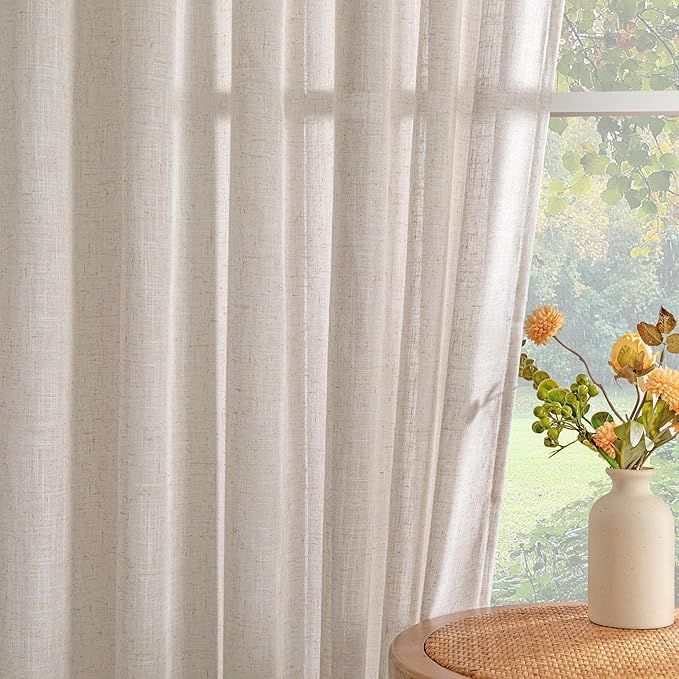MYSKY HOME Boho Curtains 72 Inch Length, Natural Linen Semi Sheer Drapes for Window Decoration Door Curtain Panels Privacy Shade Burlap Farmhouse Rustic Style for Doorways, 50" x 72", 2 Panels