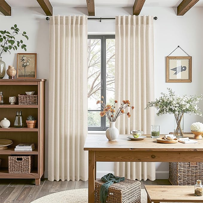 Cream Beige Linen Curtains for Living Room 94 Inches Long Light Filtering Semi Sheer Curtain Back Tab Modern Farmhouse Decor Elegant Luxury Coastal Drapes for Bedroom Dinner Room 52x94, 2 Panels