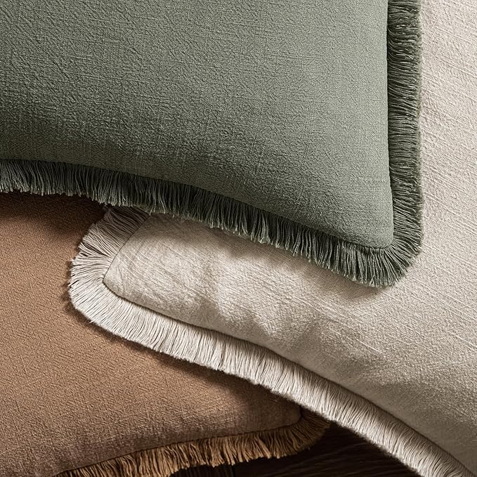 MIULEE Decorative Throw Pillow Covers Neutral Linen Fringe Throw Pillows Set of 2 Light Olive Green Boho Farmhouse Cushion Covers for Couch Sofa Bed Living Room Spring Home Decor 20x20 Inch
