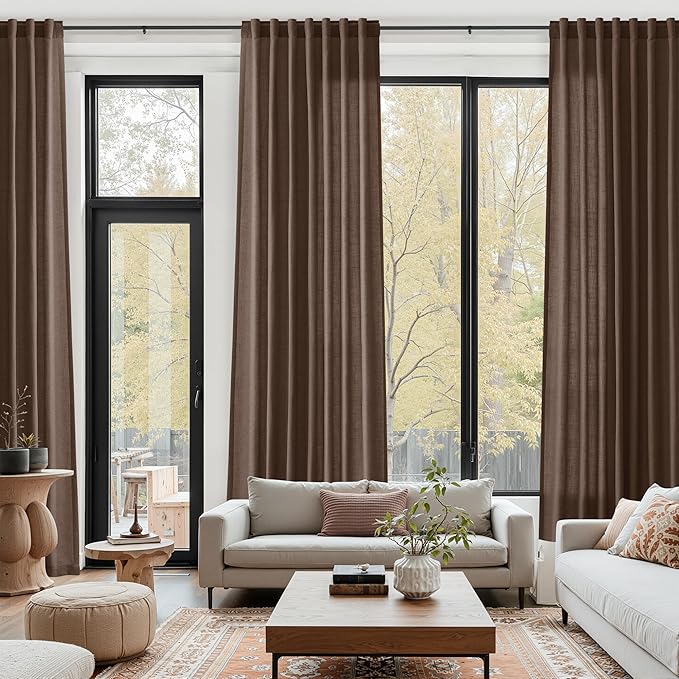 Cappuccino Linen Curtains for Living Room 98 Inches Long Light Filtering Semi Sheer Curtain Back Tab Rod Pocket Luxury Modern Rustic Home Decor Neutral Drapes for Bedroom Dinner Room 52x98, 2 Panels