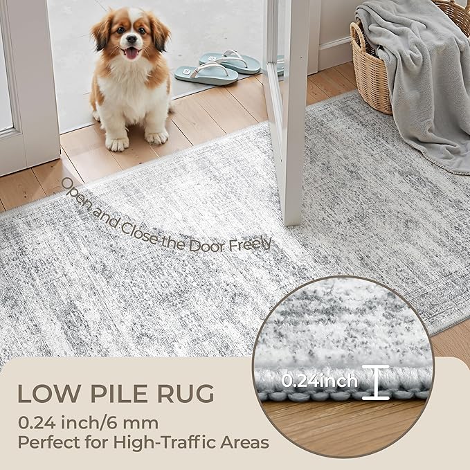 Long Hallway Runner Rug- Carpet Runners for Hallway 12ft, Anti Slip Backing Washable Rug Runner for Bathroom, Entrance, Living Room, Soft Low Pile Modern Rug Runner(2'x12', Grey/Ivory)