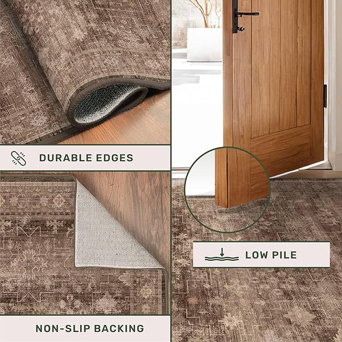 Hazo Haus Taupe Brown Living Room Rug 6x9 - Vintage Traditional Eclectic Unique Neutral, Washable Low Pile Non-Slip Large Area Rugs for Dining Under Table Bedroom Lounge