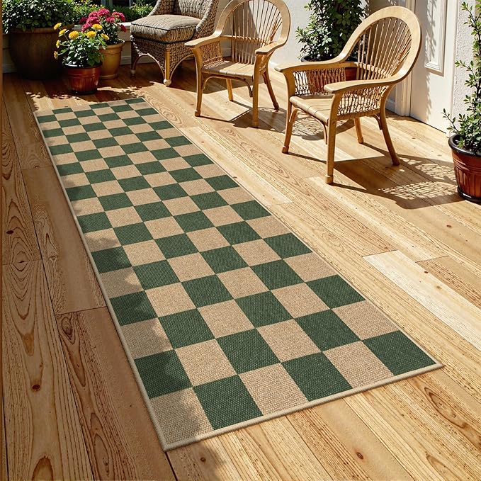 Lahome Colette Checkered Outdoor Runner Rug, 2x8 Green Kitchen Runner Rugs for Non Skid Washable Entryway Carpet, Checkerboard Non Slip Non Shedding Carpet for Bedroom