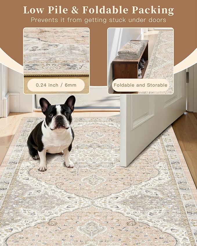 Madane Hallway Runner Rug 2x12, Extra Long Washable Runner Rugs with Rubber Backing, Non Slip Carpet Runner for Hallway, Vintage Rug Runners for Kitchen Laundry Room Entryway (Pink/Gray, 2'x12')