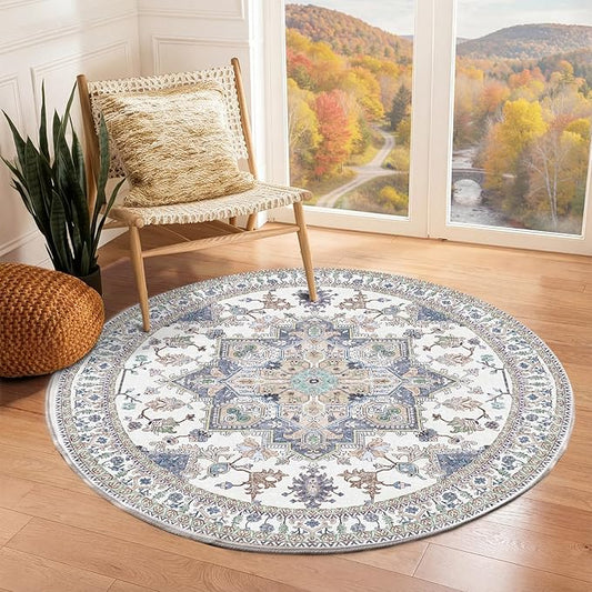OPPODREAM Soft Round Rug 4ft, Washable Circle Rug 4ft with Non Slip Backing Play Room, Low-Pile Carpet 4 ft, Small Faux Cashmere Throw Carpet, Purple & Green & Cream
