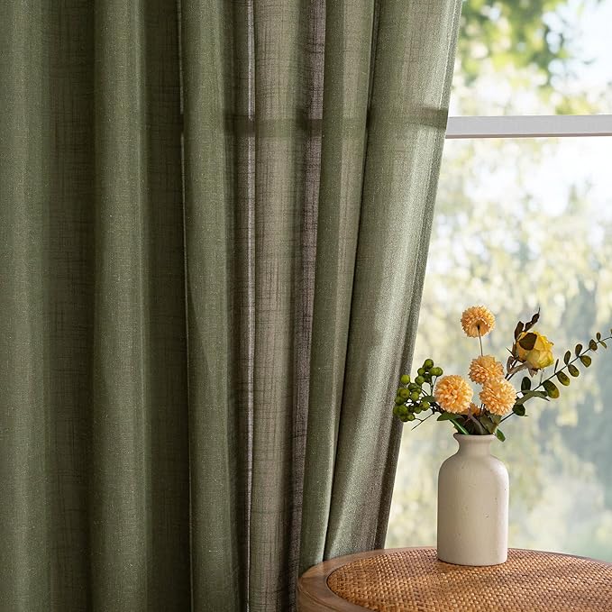 MYSKY HOME Living Room Curtains 90 Inches Long Farmhouse Light Filtering Privacy Curtain Drapes for Patio Door, Linen Look Texture Fabric Bohemian Draperies Soft Touch, 50x90, Olive Green, 2 Pieces