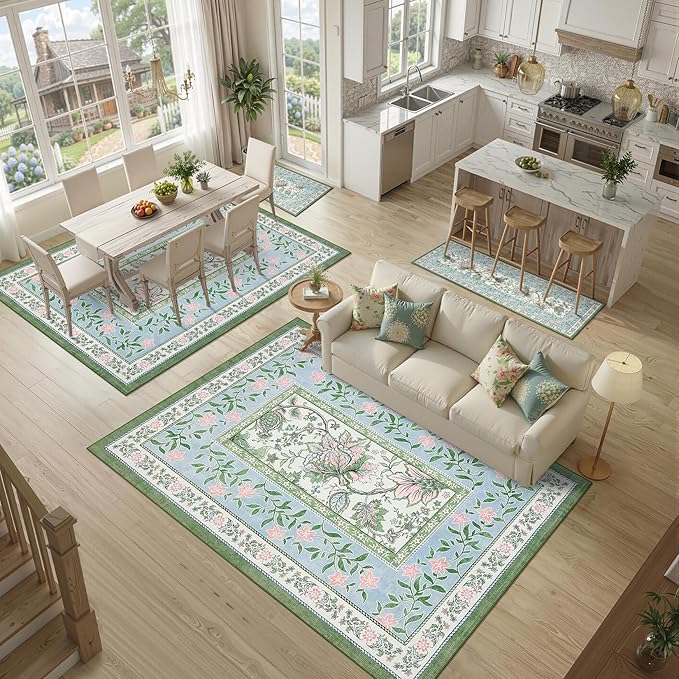 GarveeHome Blue Green Pink 8x10 Area Rugs for Living Room, Botanical Grove Cottagecore Washable Rug for Bedroom Dining Nursery Low-Pile Vintage Large Carpet