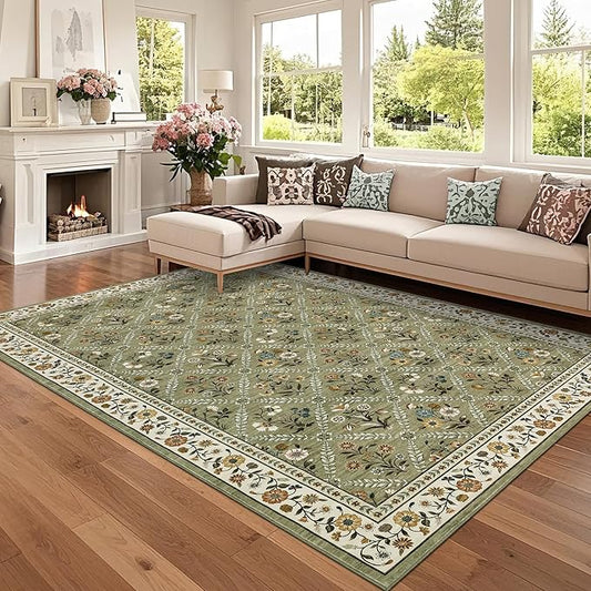 GarveeHome Living Room Rug 5x7 Rug Machine Washable Stain Resistant Area Rug Non Slip Floral Vintage Low Pile Rugs for Living Room, Bedroom, Farmhouse, Dining Room, Kids PlayroomGreen