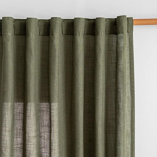 MYSKY HOME Living Room Curtains 90 Inches Long Farmhouse Light Filtering Privacy Curtain Drapes for Patio Door, Linen Look Texture Fabric Bohemian Draperies Soft Touch, 50x90, Olive Green, 2 Pieces
