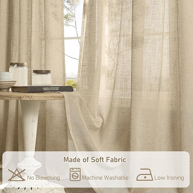 LAMIT Brown Linen Cafe Curtains 30 Inch Length, Semi Sheer Light Filtering Window Panels Back Tab and Rod Pocket Drapes for Kitchen/Small Windows, 25 x 30 Inch, 2 Panels