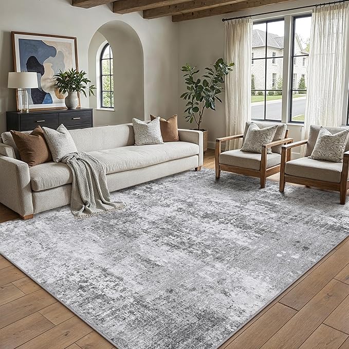 PureCozy 8x10 Grey Area Rug Washable Modern Abstract Living Room Carpet Non Slip Neutral Low Pile Soft Contemporary Gray Bedroom Large Rug Indoor Office Dining Room Playroom