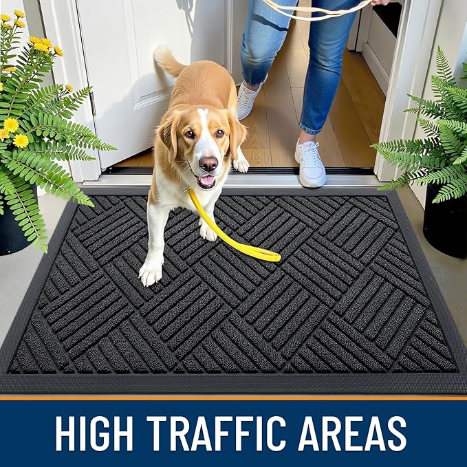 OLANLY Front Door Mat Outside Entrance 47x23, Absorbent, Heavy Duty Sturdy Natural Rubber Doormat Indoor Outdoor, Stain and Fade Resistant, Non-Slip Low Profile Floor Mat for Entryway, Black Diamond