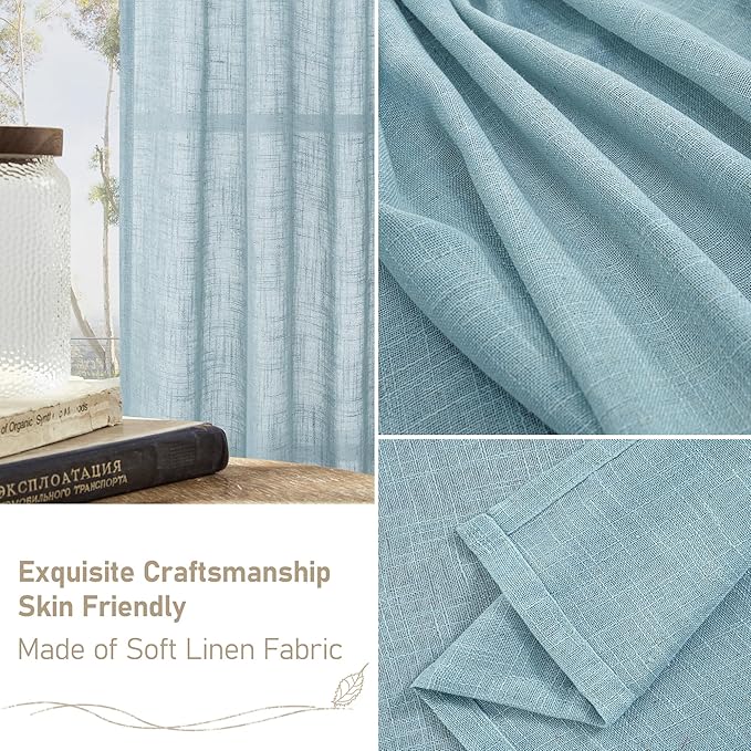 LAMIT Linen Curtains 95 Inches Long for Living Room, Back Tab and Rod Pocket Semi Sheer Panels Light Filtering Farmhouse Drapes for Bedroom/Dining Room, Stone Blue, Set of 2, 52 x 95 Inch