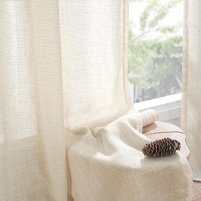 BGment Short Linen Curtains 36 Inch Length for Kitchen Window - Semi Sheer Beige Small Drapes Textured Rustic Natural Rod Pocket for Cafe Lightweight Decorative, 2 Panels, Each Panel 42 Inch Wide