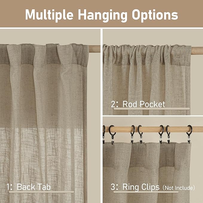 LAMIT Taupe 72 inch Linen Curtains for Living Room 2 Panels, Linen Textured Light Filtering Semi Sheer Back Tab and Rod Pocket Curtain Panels for Bedroom/Farmhouse, 52 x 72 Inch
