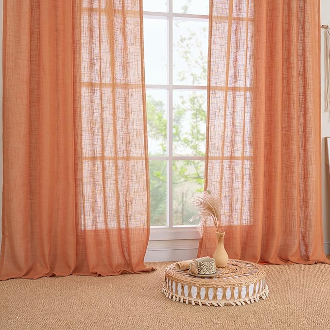 LAMIT 102 Inches Long Linen Curtains for Living Room, Back Tab and Rod Pocket Semi Sheer Curtains Light Filtering Farmhouse Drapes for Bedroom/Dining Room, Burnt Orange, Set of 2, 52 x 102 Inch