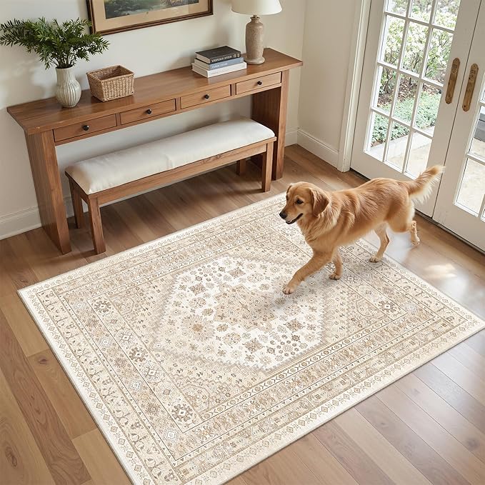 zesthome 4x6 Rug - Stain Resistant Washable Rug, Anti Slip Backing Rugs for Living Room, Foldable Vintage Small Area Rugs (Cream/Beige,4'x6')