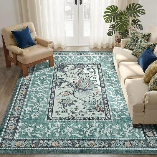 GarveeHome Teal Washable 6x9 Area Rugs, Botanical Grove Vintage Cottagecore Non-Slip Rug for Living Room Bedroom Nursery Kitchen Low-Pile Retro Large Carpet